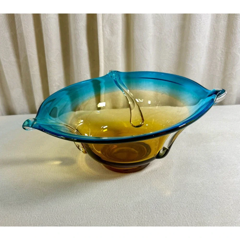 Mid-Century Modern Hand Blown Art Glass Console Bowl in Turquoise and Amber